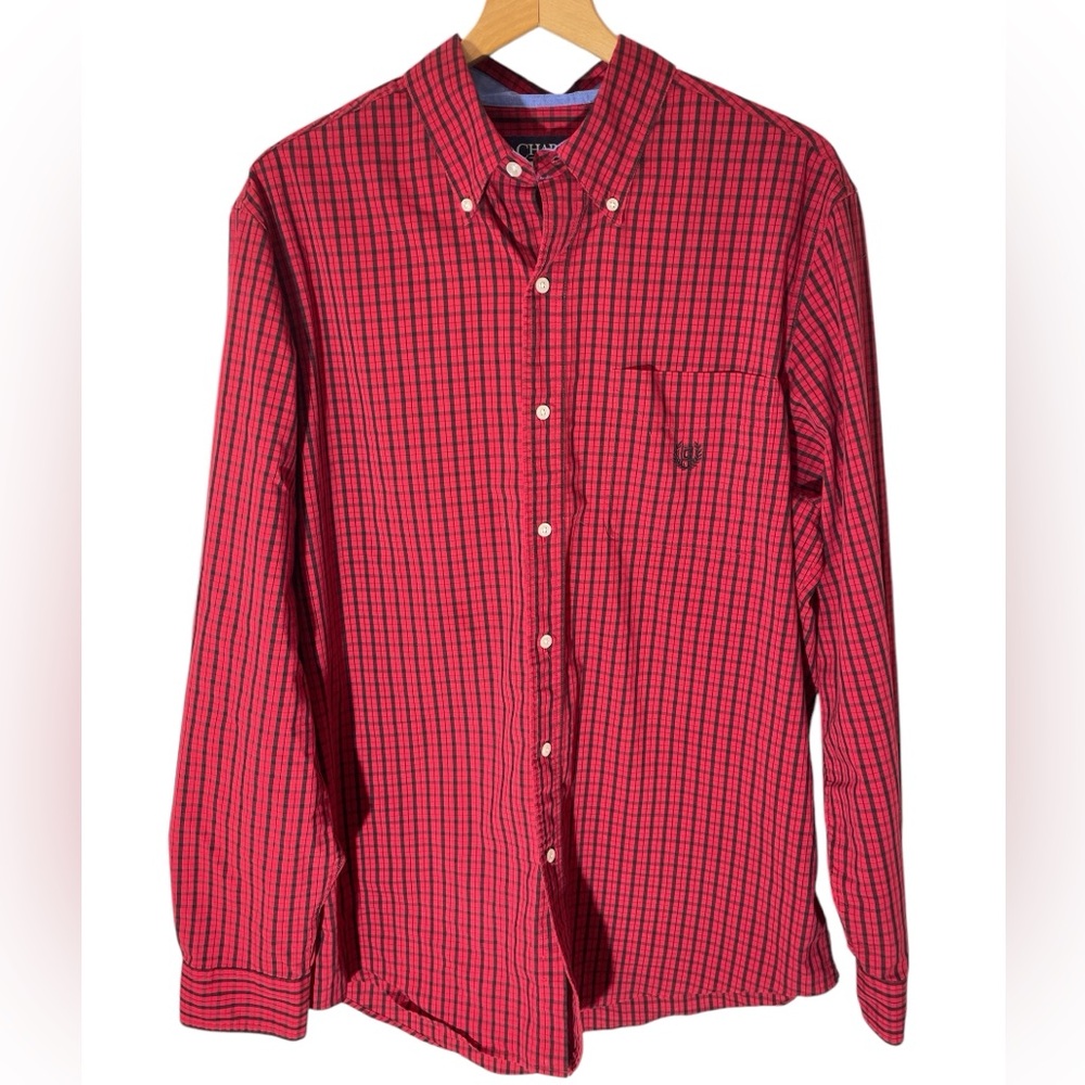 D6- Men’s Large Tall Chaps Stretch Easy Care Plaid Shirt Polo